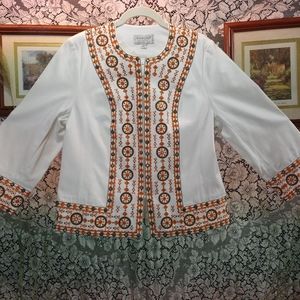 Victor Costa white boho jacket embellished with orange and bronze embroidery